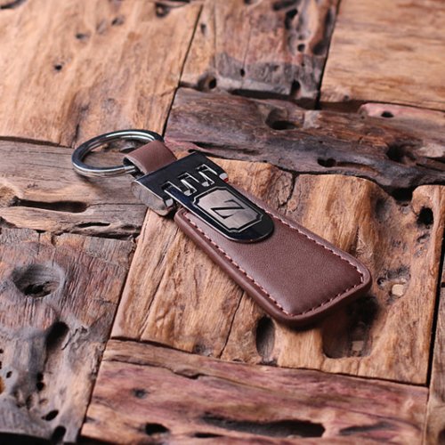Brown Engraved Monogram Leather Keychain