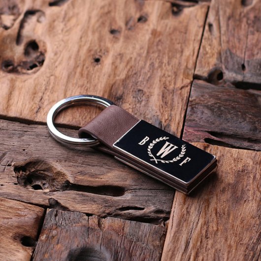 Brown Engraved Wreath Monogram Leather Keychain (Top)