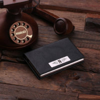 Brown Etched Monogram Leather Business Card Holder