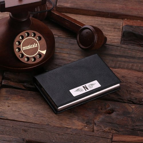 Brown Etched Monogram Leather Business Card Holder