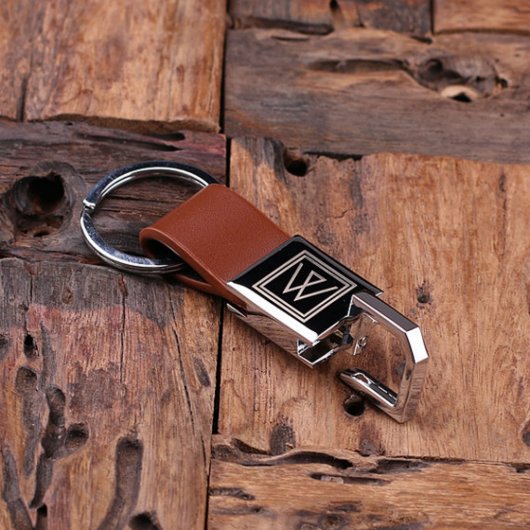 Brown Etched Monogram Leather & Steel Keychain (Top)