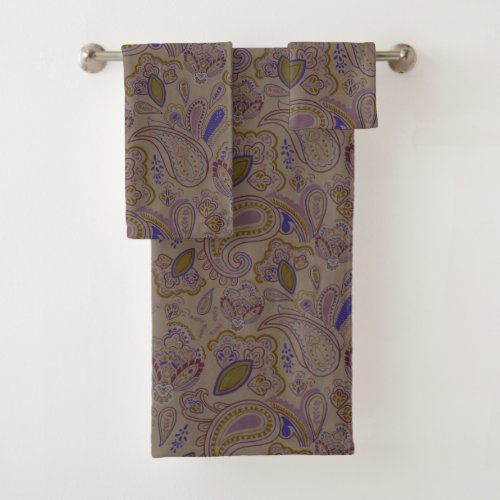 Brown ethnic vintage paisley floral pattern bath towel set