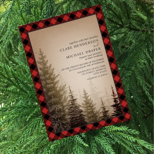 Brown Evergreen Tree Rustic Plaid Wedding Invitation