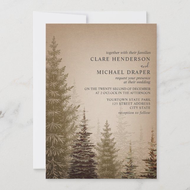 Brown Evergreen Tree Rustic Wedding Invitation (Front)