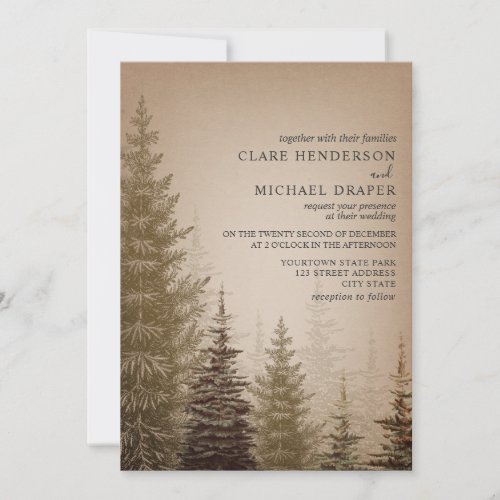 Brown Evergreen Tree Rustic Wedding Invitation
