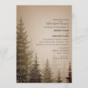 Brown Evergreen Trees Wedding Rehearsal Dinner Invitation