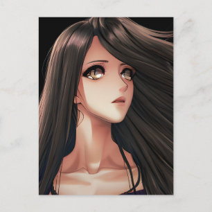 Brown Eyed Brunette Anime Girl   I Miss You Postcard
