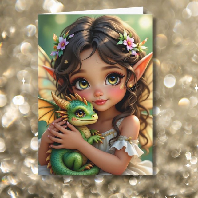 Brown Eyed Elven Fairy and Dragon Birthday Card (Creator Uploaded)