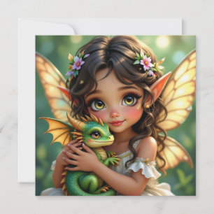 Brown Eyed Elven Fairy and Dragon Card