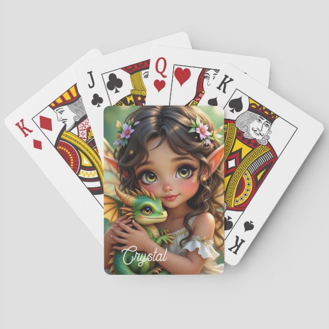 Brown Eyed Elven Fairy and Dragon Personalized Poker Cards (Back)