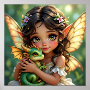 Brown Eyed Elven Fairy and Dragon Poster
