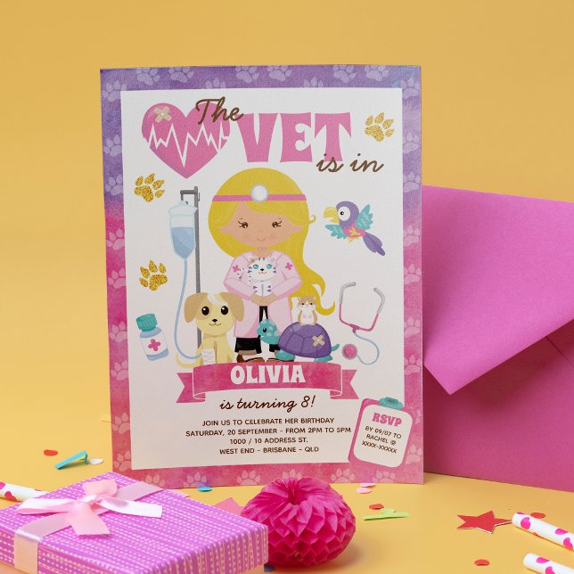 Brown Eyes Blonde Girl Vet Birthday Party Invitation (The cat is definitely out of the bag on this girl’s vet birthday invitation.)