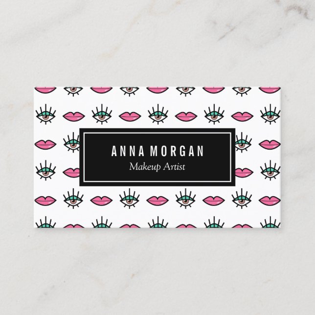Brown Eyes & Pink Lips Kitschy Makeup Artist Business Card (Front)