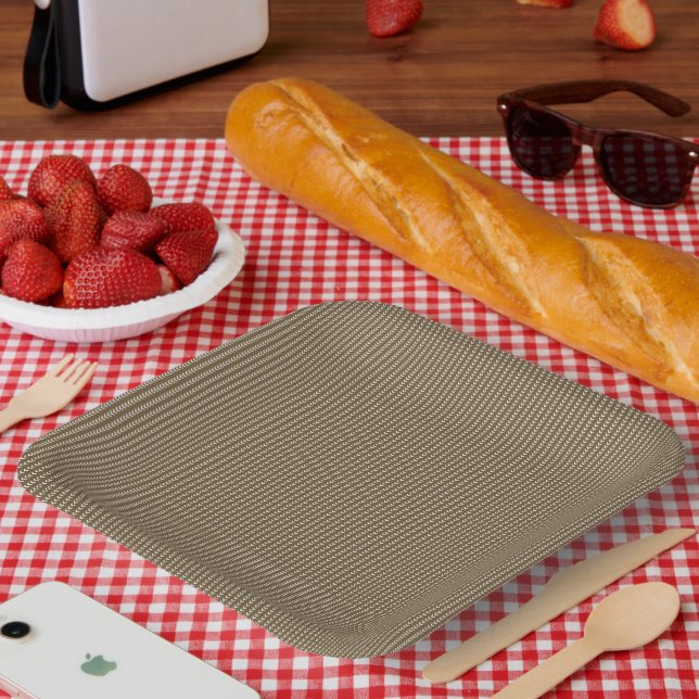 Brown fabric with a repeating vertical pattern of  paper plates (Picnic)