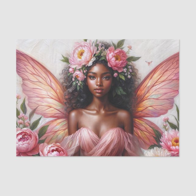 Brown Fairy With Pink Wings and Peonies Tissue Paper (Front)