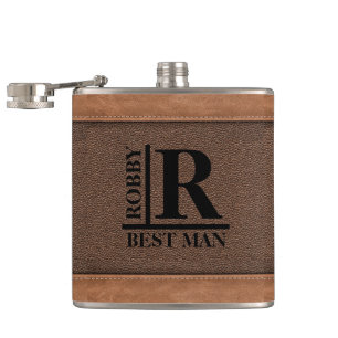 Brown Fake Leather Stiches Monogram Custom Name Flask
