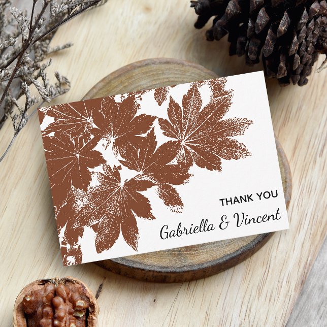 Brown Fall Leaf Stamp Wedding Flat Thank You Notes (Fall in Love with these autumn leaves woodland flat thank you notes.)