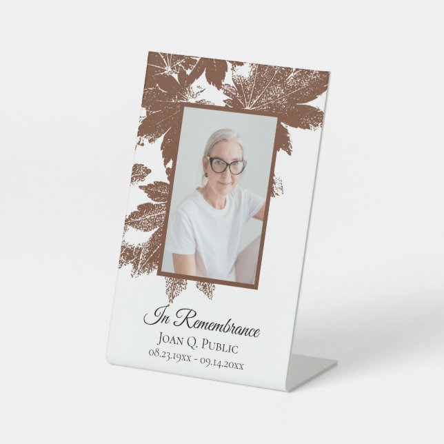 Brown Fall Leaves Celebration of Life Funeral Pedestal Sign (Front)