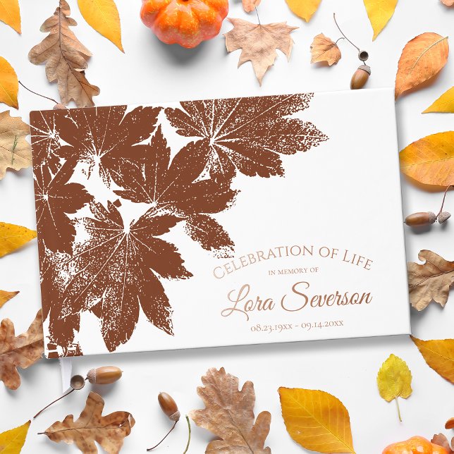 Brown Fall Leaves Celebration of Life Memorial  Foil Guest Book (Creator Uploaded)
