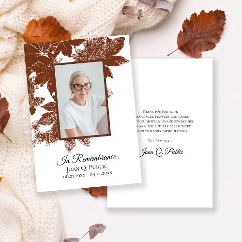 Brown Fall Leaves Funeral Memorial Sympathy Thank You Card