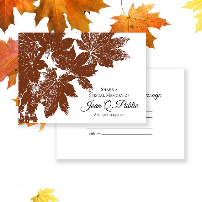 Brown Fall Leaves Share a Memory Funeral  Note Card (Creator Uploaded)