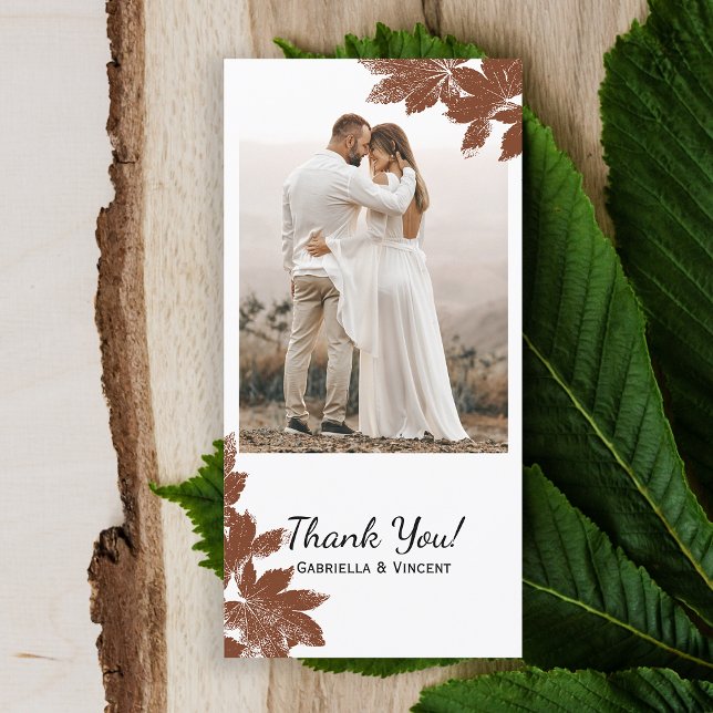 Brown Fall Maple Leaf Stamp Thank You Card (Fall in Love with this woodsy Autumn leaves thank you photo card.)