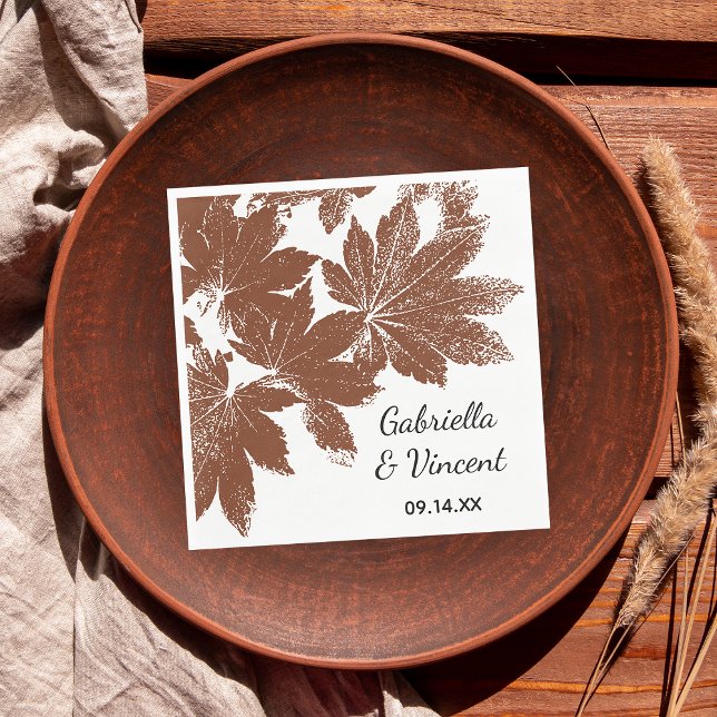 Brown Fall Maple Leaf Stamp Wedding Napkins (Fall In Love with this natural woodland Autumn leaves disposable paper napkin.)