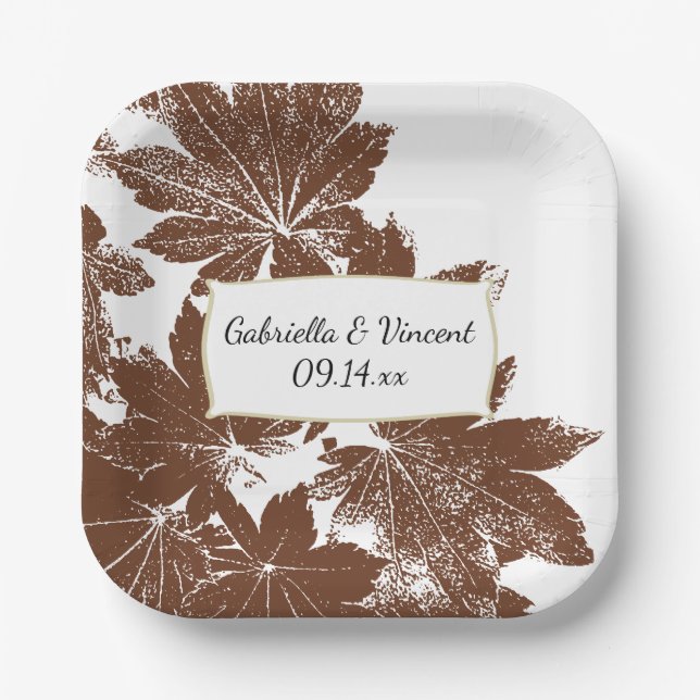 Brown Fall Maple Leaf Stamp Wedding Paper Plates (Front)