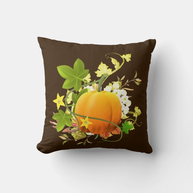 Brown Fall Season Design with Pumpkin and Leaves Throw Pillow (Front)
