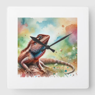 Brown Fanthroated Lizard 231024AREF133 - Watercolo Square Wall Clock