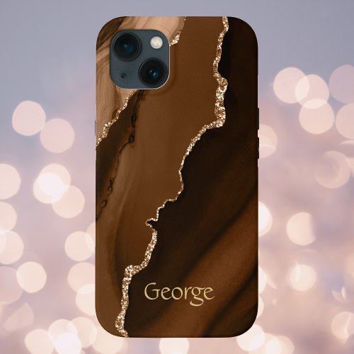 Brown Faux Agate Marled Design with Name iPhone 13 Case