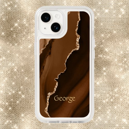 Brown Faux Agate Marled Design with Name OtterBox iPhone 14 Case