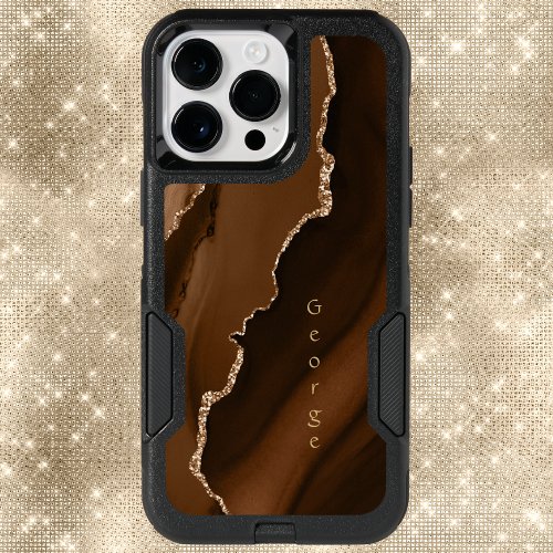 Brown Faux Agate Marled Design with Name OtterBox iPhone 14 Pro Max Case