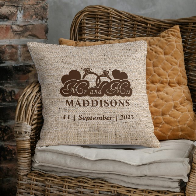 Brown Faux Burlap Mr. and Mrs. Wedding Keepsake Throw Pillow (Creator Uploaded)