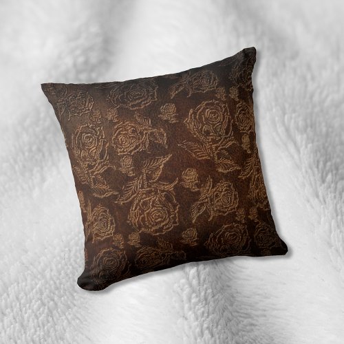 Brown Faux Embossed Rose Leather Throw Pillow