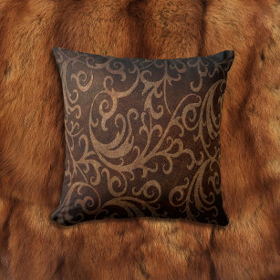 Brown Faux Embossed Swirl Leather Throw Pillow