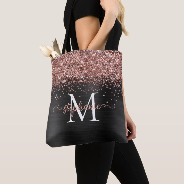 Brown Faux-Glitter Girly Glam Black Personalized Tote Bag (Close Up)