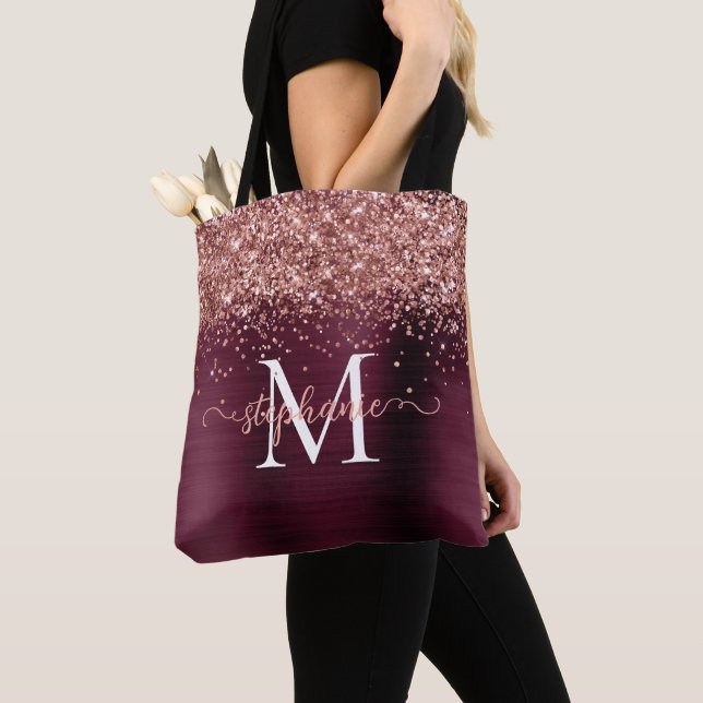 Brown Faux-Glitter Girly Glam Burgundy Personalize Tote Bag (Close Up)