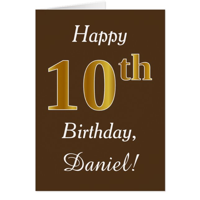Brown, Faux Gold 10th Birthday + Custom Name Cards (Front)