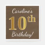 [ Thumbnail: Brown, Faux Gold 10th Birthday + Custom Name Napkins ]