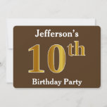 [ Thumbnail: Brown, Faux Gold 10th Birthday Party; Custom Name Invitation ]