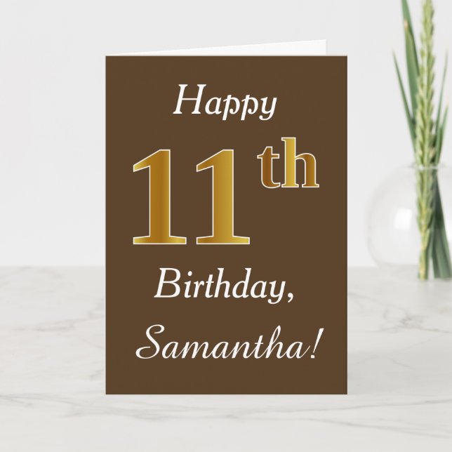 Brown, Faux Gold 11th Birthday + Custom Name Card (Front)