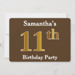 [ Thumbnail: Brown, Faux Gold 11th Birthday Party; Custom Name Invitation ]