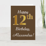 [ Thumbnail: Brown, Faux Gold 12th Birthday + Custom Name Card ]