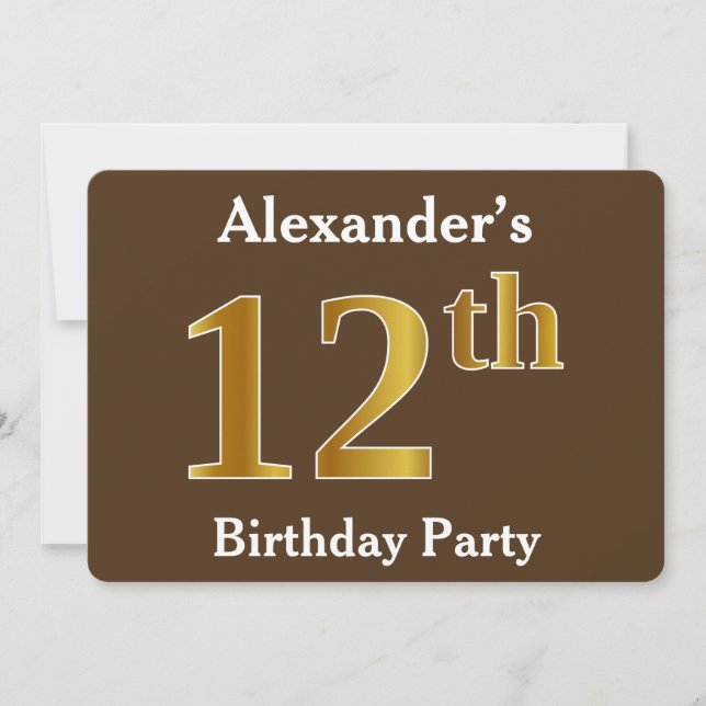 Brown, Faux Gold 12th Birthday Party; Custom Name Invitation (Front)