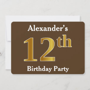 Brown, Faux Gold 12th Birthday Party; Custom Name Invitation