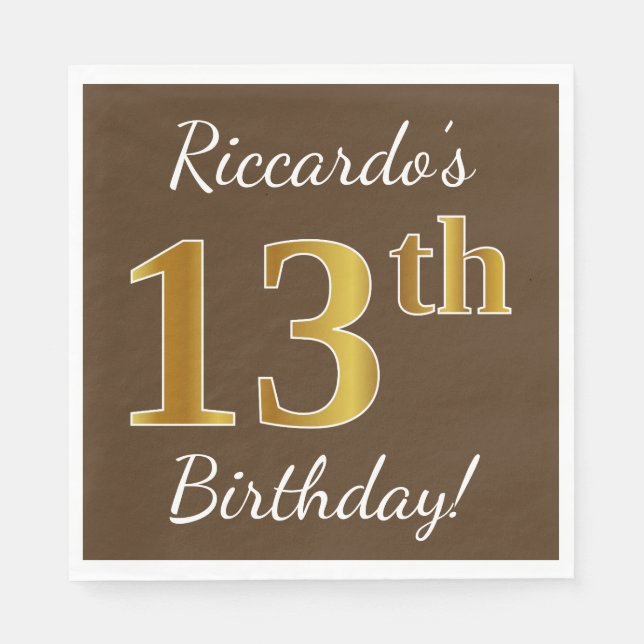 Brown, Faux Gold 13th Birthday + Custom Name Paper Napkins (Front)