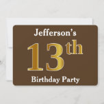 [ Thumbnail: Brown, Faux Gold 13th Birthday Party; Custom Name Invitation ]