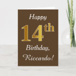 [ Thumbnail: Brown, Faux Gold 14th Birthday + Custom Name Card ]