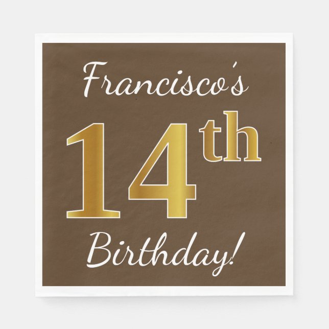 Brown, Faux Gold 14th Birthday + Custom Name Paper Napkins (Front)